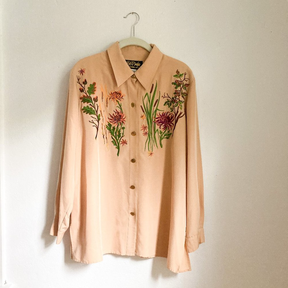 Vintage Bob Mackie "Wearable Art" Floral Collared Button Down Blouse, Womens L